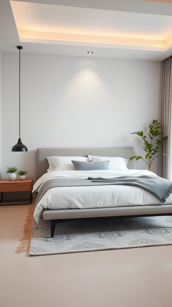 A modern low-profile platform bed with a minimalist design, featuring soft bedding and a cozy throw, complemented by a pendant lamp and indoor plants.