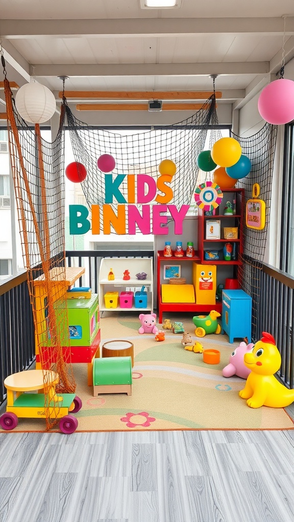 Colorful play area for kids with toys and safety netting on a balcony.