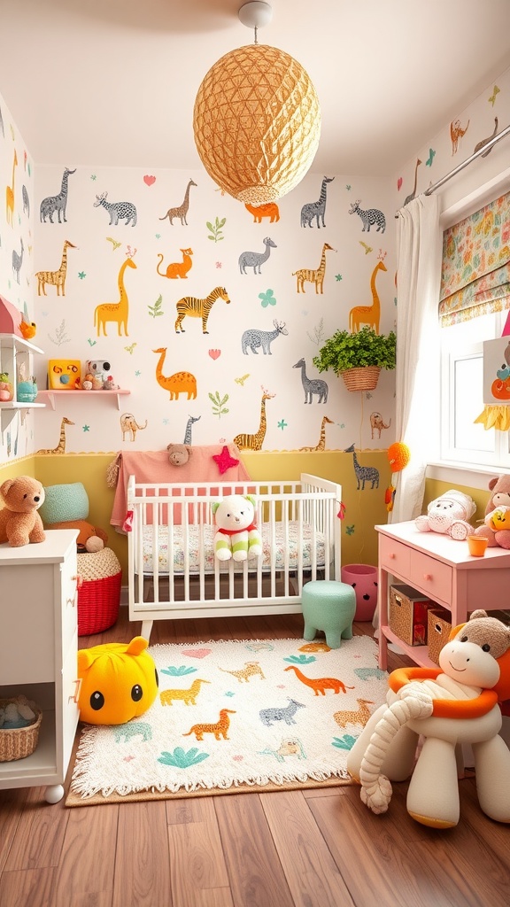 A colorful newborn room featuring playful animal illustrations on the walls, a white crib, and various plush toys.