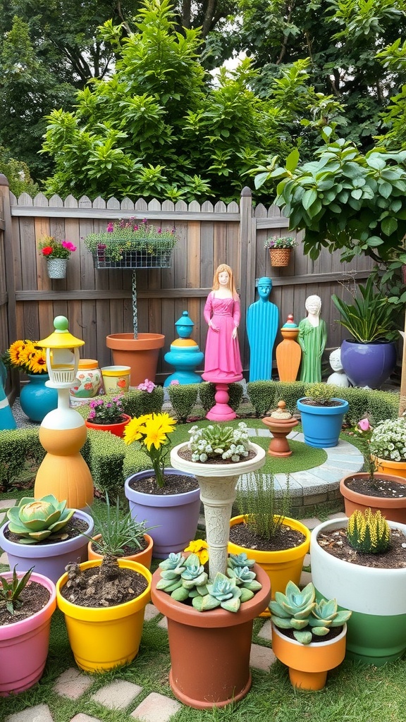 Colorful garden decor with various pots, plants, and playful statues in a backyard setting.