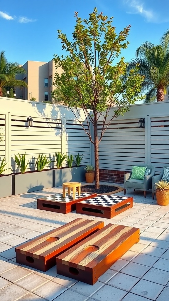 Outdoor terrace featuring a games corner with cornhole boards and a checkered game board surrounded by plants and a cozy chair.