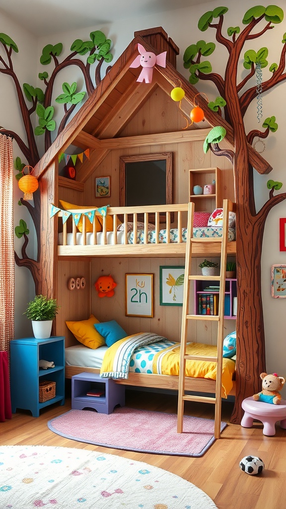 A playful bunk bed designed like a treehouse with colorful decorations.