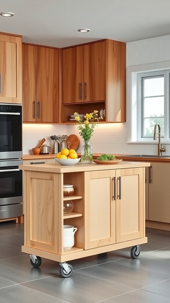 A portable kitchen island with a gray finish and wooden top, featuring wheels for mobility.