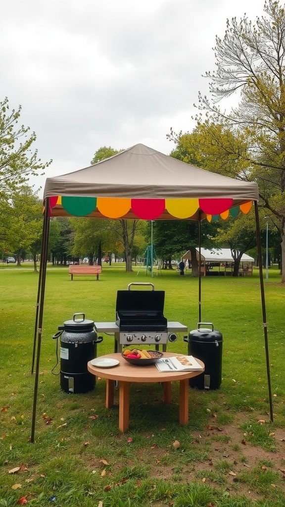 A portable, colorful pop-up BBQ shelter with a grill and food setup in a park.