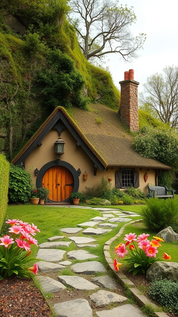 A quaint hobbit home with a round wooden door, surrounded by lush greenery and colorful flowers along a stone pathway.