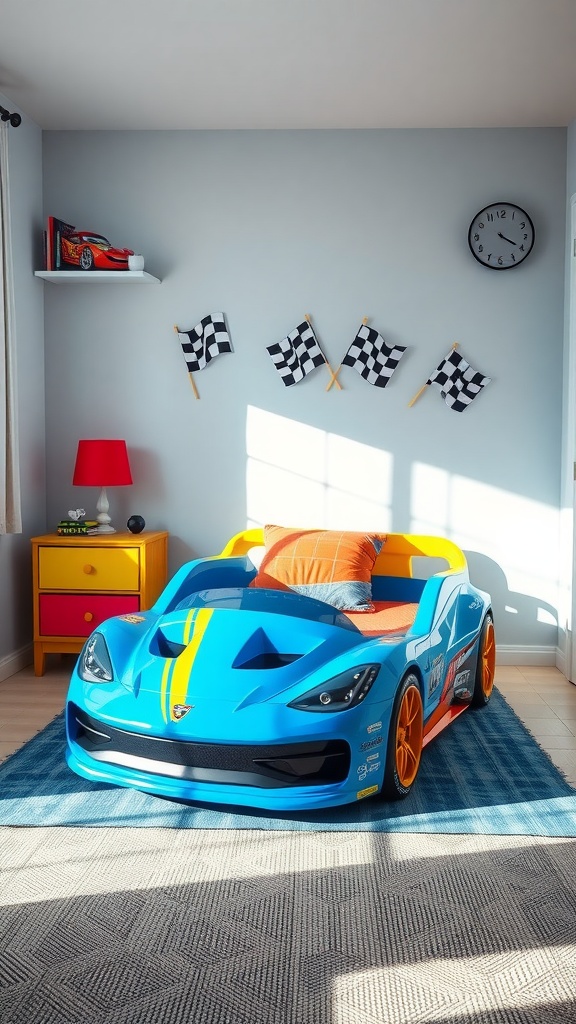 A vibrant blue race car bed with orange accents, accompanied by checkered flags and a red lamp in a bright room.