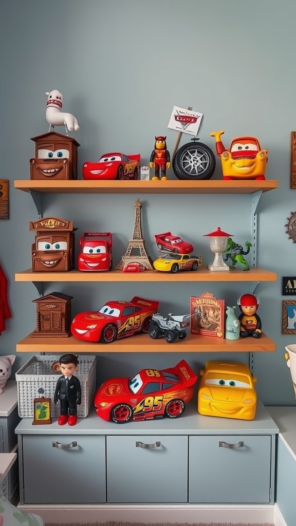 Colorful shelf display featuring Lightning McQueen toys and memorabilia.