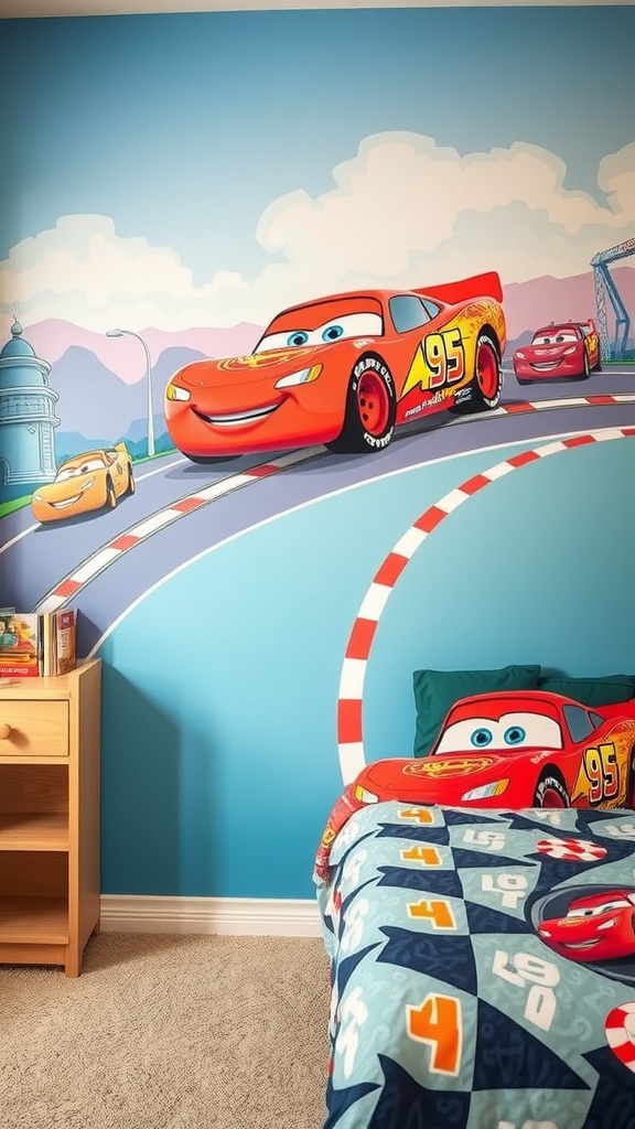 A colorful race track mural featuring Lightning McQueen and other cars in a child's bedroom.