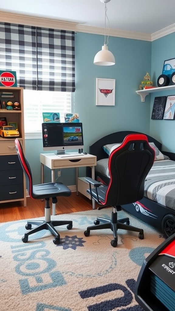 A boy's bedroom featuring racing-inspired furniture with a car bed, ergonomic chairs, a work desk, and a colorful rug.