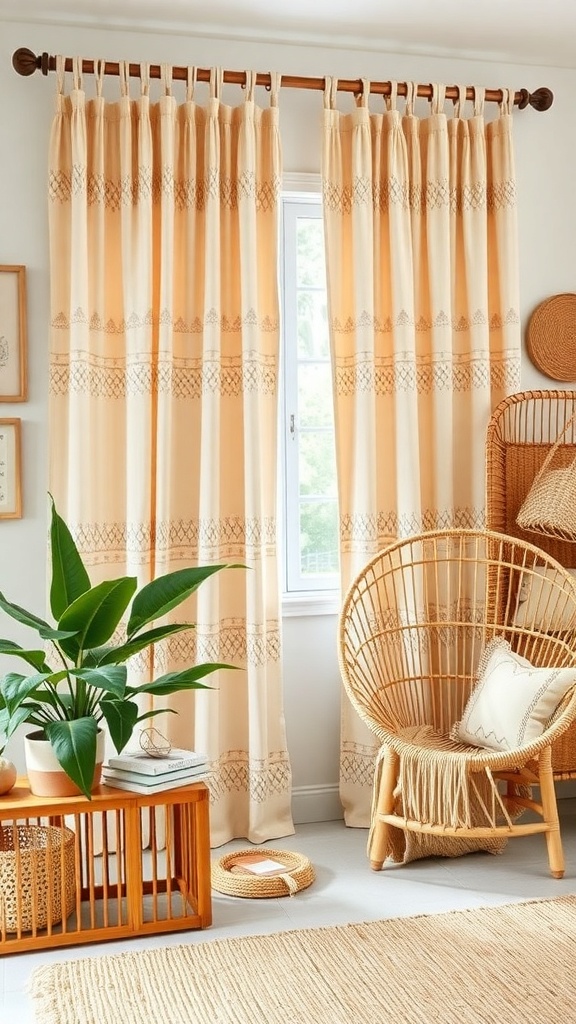 A cozy room featuring rattan furniture and soft, patterned curtains.