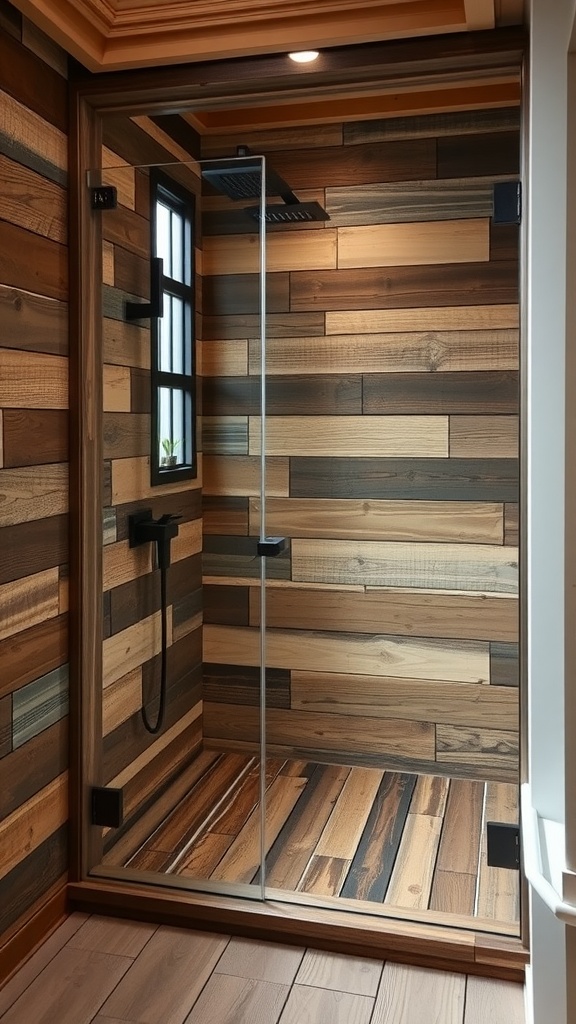 Rustic walk-in shower with reclaimed barn wood walls and glass door