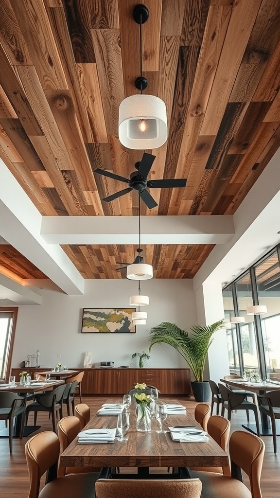 Reclaimed wood ceiling in a modern dining area with light fixtures and plants.