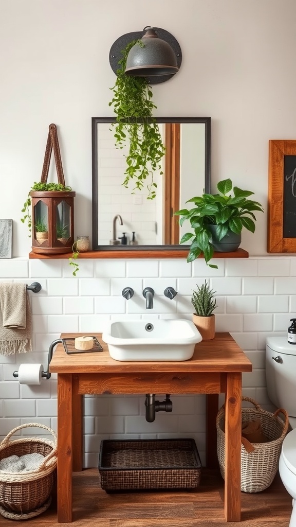 Rustic bathroom with reclaimed wood vanity, white sink, and plants.
