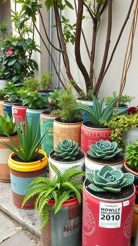 Colorful recycled planters filled with various plants in a garden setting.