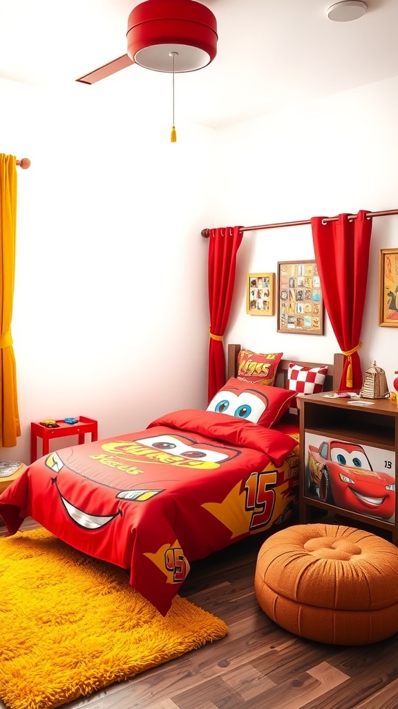 A vibrant Lightning McQueen themed bedroom featuring red and yellow decor.