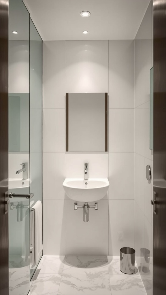 A small bathroom with bold black and white graphic tiles, featuring a round mirror and minimalist sink.