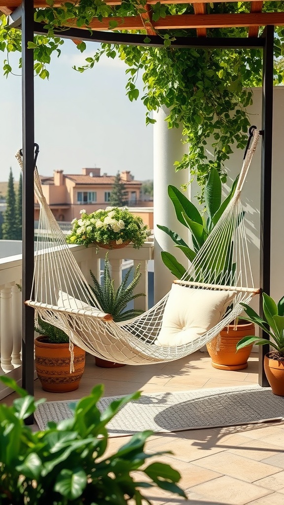 A cozy hammock lounge on an outdoor terrace surrounded by greenery and potted plants.