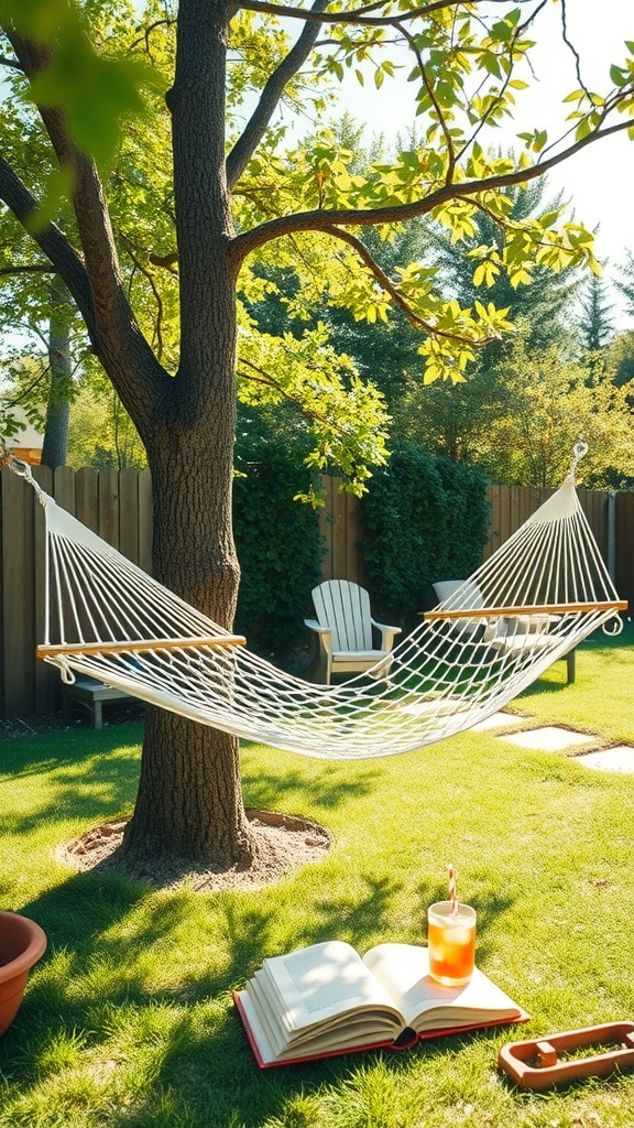 A relaxing hammock tied between two trees in a backyard, with a book and a drink nearby.