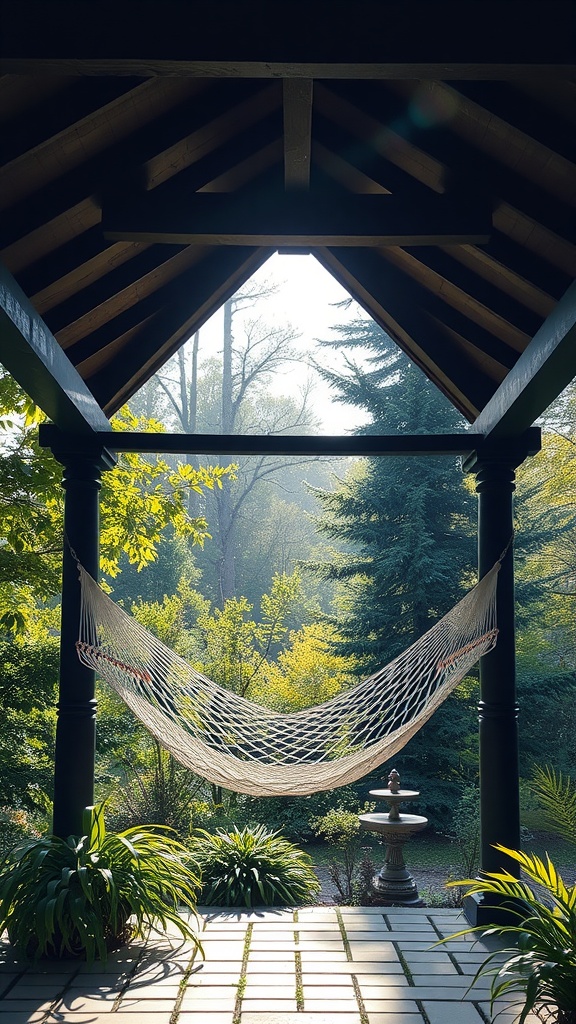 A cozy hammock under a gazebo surrounded by lush greenery