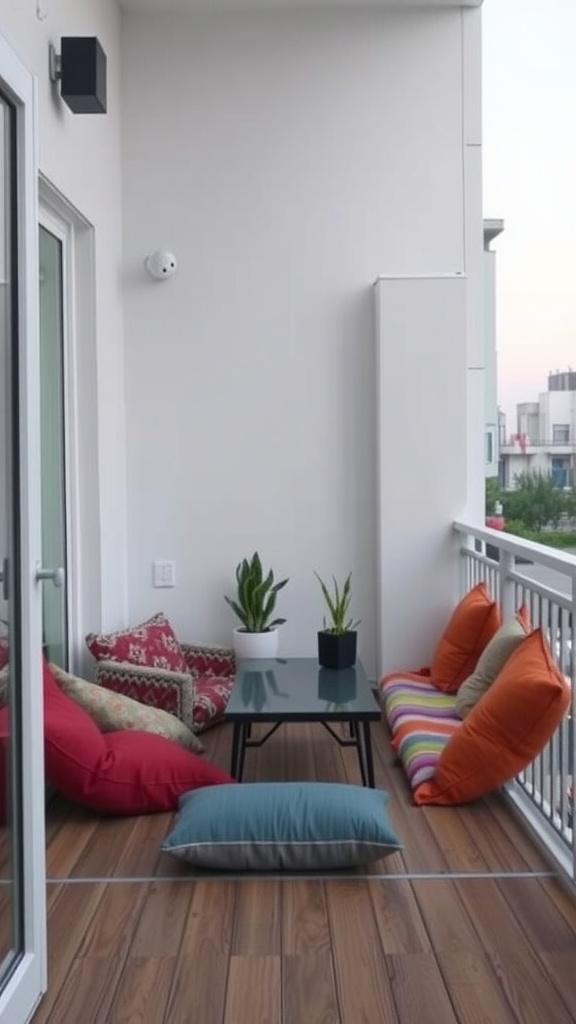 A closed balcony with colorful floor cushions and a small table.
