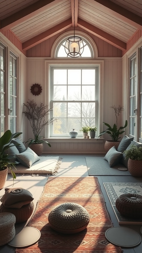 A sunroom designed as a relaxing meditation space with cushions, plants, and natural light.