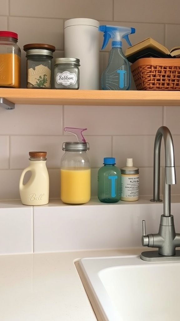 Organized kitchen sink area with repurposed containers for cleaning supplies.