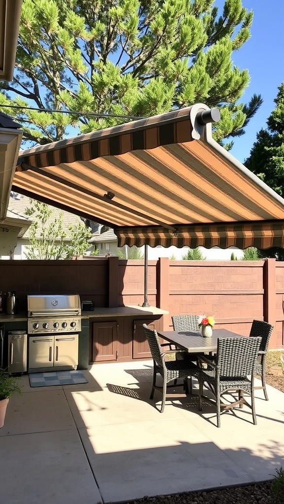 A retractable awning above an outdoor kitchen and dining area, providing shade.