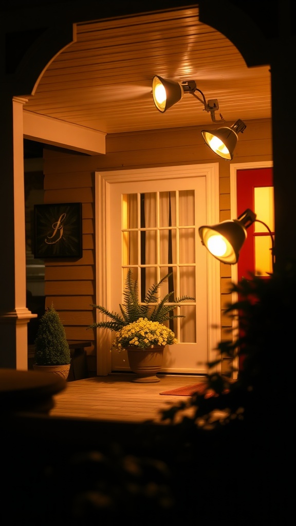 A porch with retro flood lights illuminating the entrance and plants.
