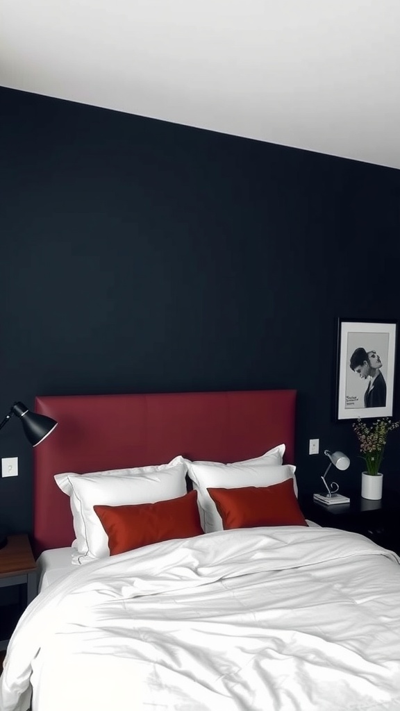 A dark cozy bedroom with a burgundy headboard, white bedding, and warm accent pillows.