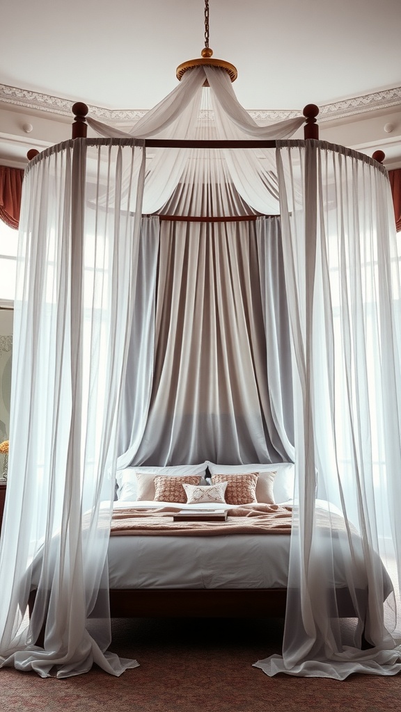 A romantic canopy bed setup with sheer curtains and plush bedding.
