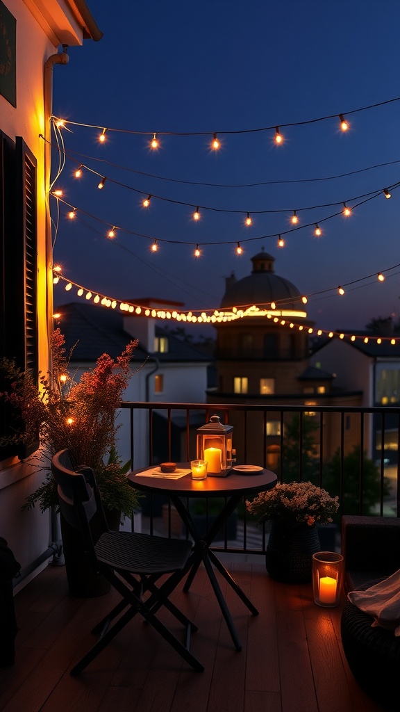 A cozy balcony decorated with string lights, candles, and plants, creating a romantic atmosphere for a date night.