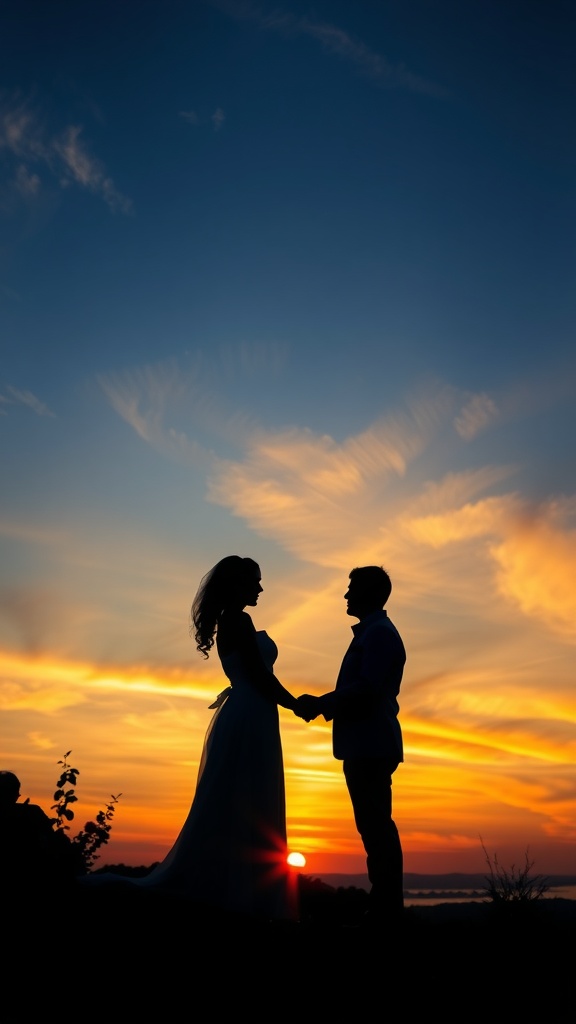 A couple standing hand in hand at sunset, creating a beautiful silhouette against a vibrant sky.