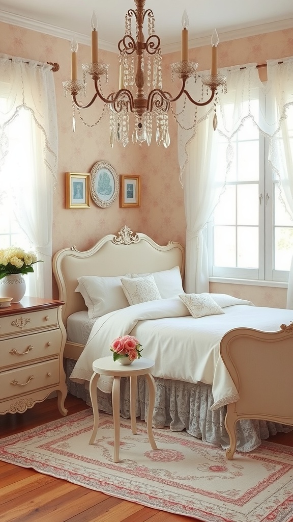 A romantic vintage bedroom featuring a chandelier, floral patterns, and soft colors.