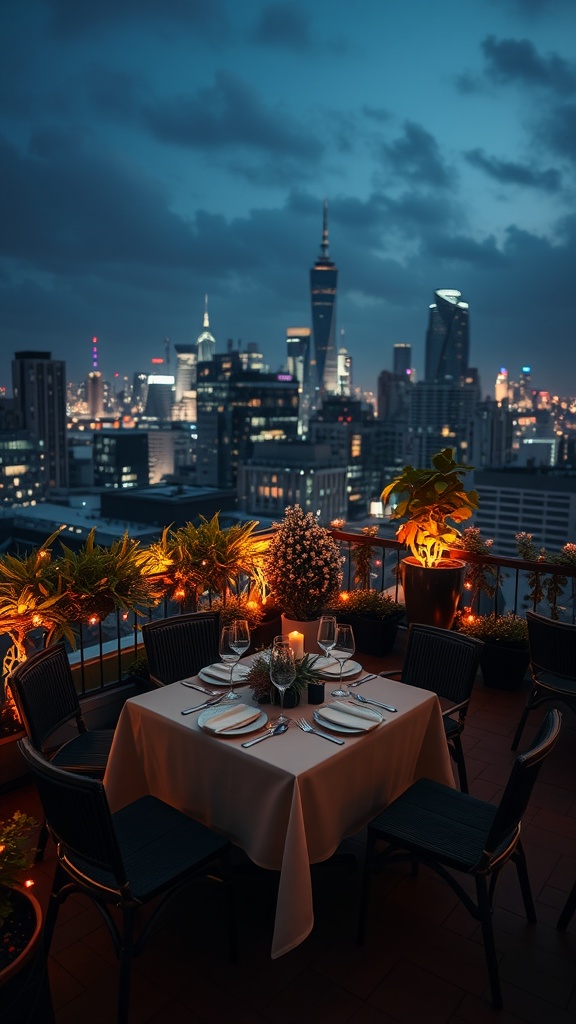A rooftop dining setup with a table ready for a meal, overlooking a city skyline at dusk.