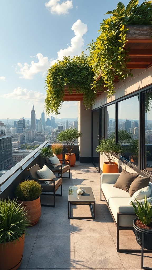 A rooftop terrace with cozy seating and city views