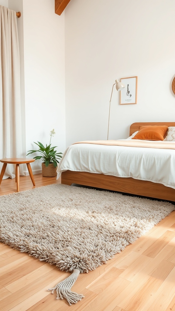 A warm bedroom featuring a plush rug, wooden bed, and a cozy atmosphere.