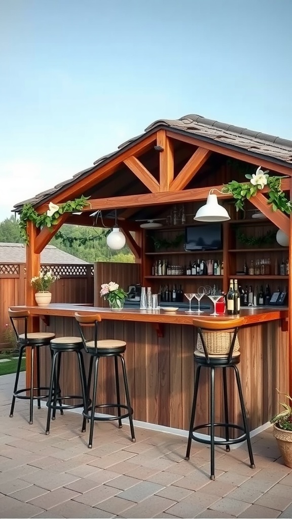 A rustic bar in a wooden gazebo with high stools, shelves of drinks, and decorative plants.