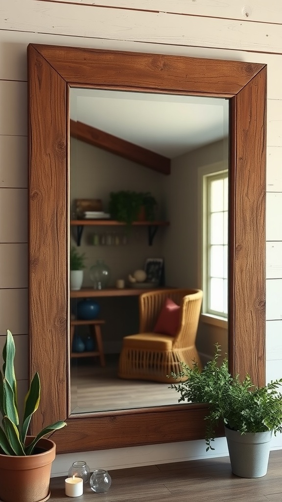 A rustic barnwood framed mirror reflecting a cozy room with plants and a wicker chair.