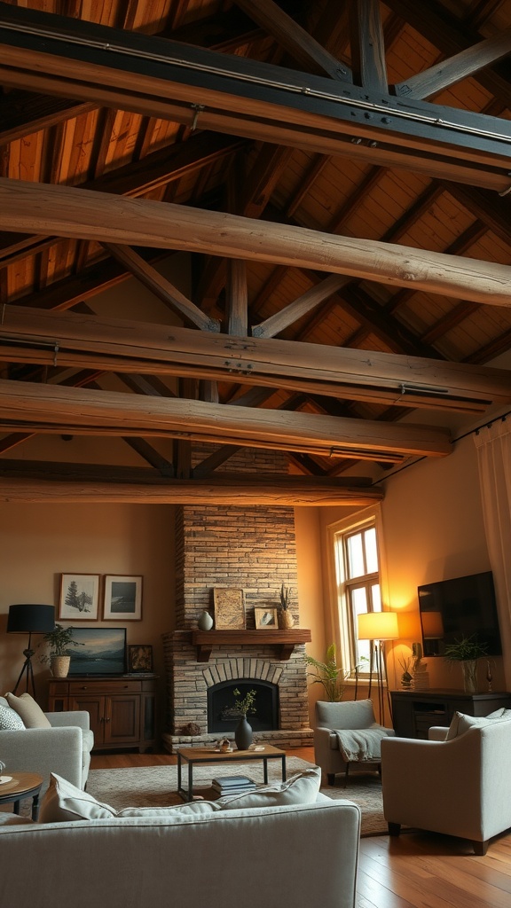 A cozy living room featuring rustic wooden beams on the ceiling with a stone fireplace, soft furniture, and warm lighting.