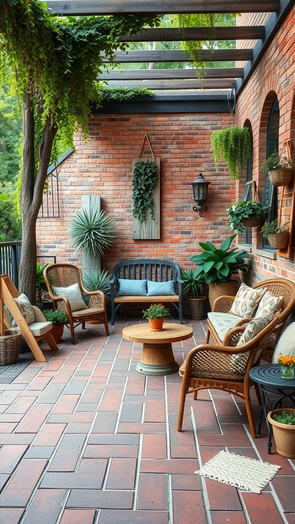 A cozy patio with rustic brick flooring and greenery, featuring comfortable seating and a central table.