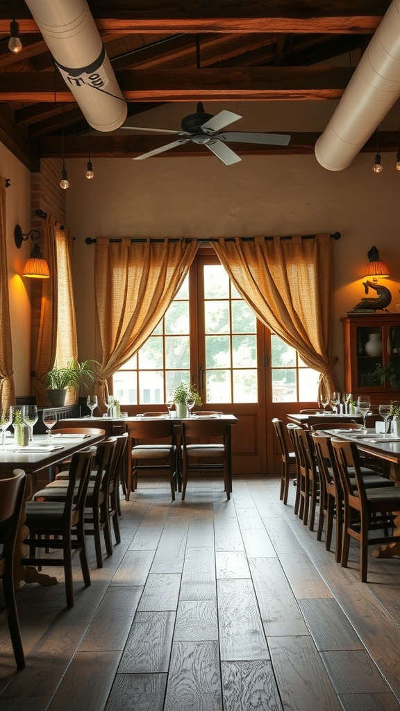 Cozy dining area with burlap cafe curtains and wooden furniture