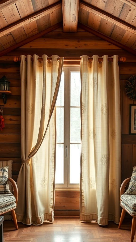 Light-colored fabric panels hanging in a rustic cabin window