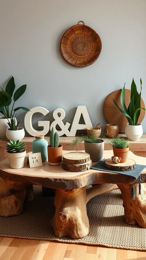 A rustic wooden coffee table surrounded by potted plants and decorative items