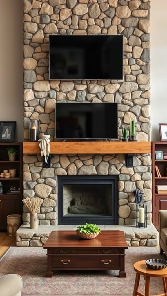 Cozy living room with a stone fireplace and two TVs above the mantel.