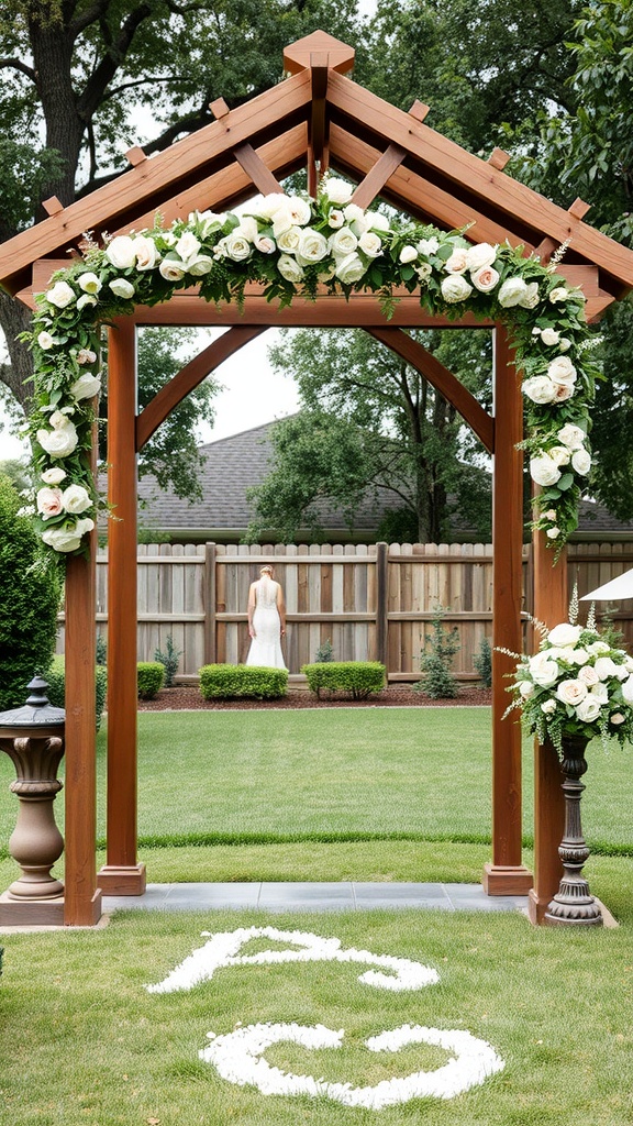 A wooden arbor adorned with white roses in a backyard wedding setting.