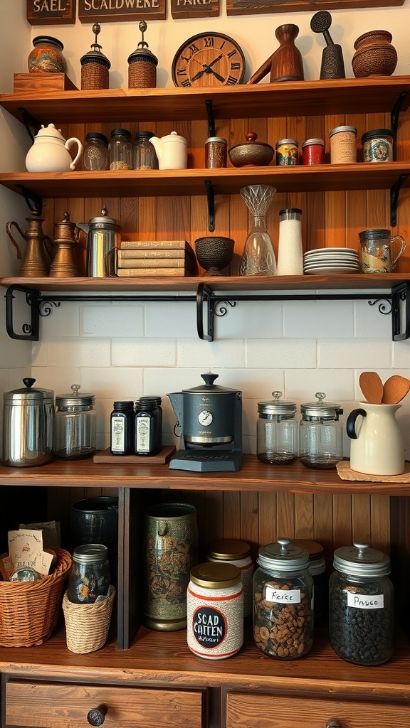 A rustic coffee corner with wooden shelves displaying coffee tools and jars.