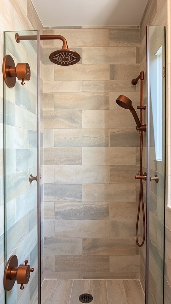 A rustic walk-in shower featuring copper fixtures and neutral tiled walls.