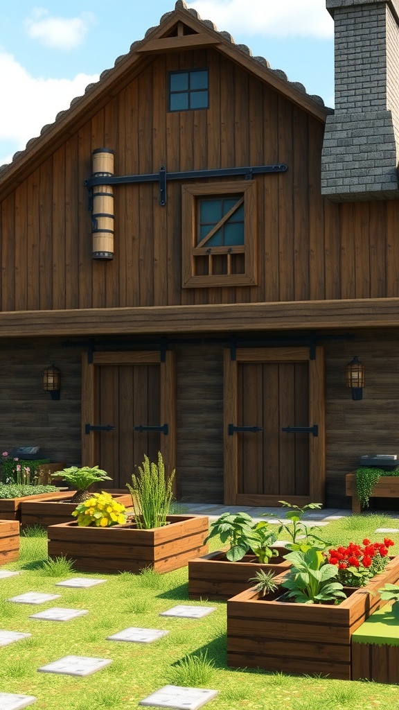 A rustic farmhouse in Minecraft with a wooden exterior, large doors, and garden beds.