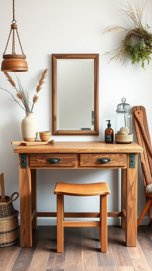 A rustic vanity table made from wood with a mirror, two drawers, and decorative items, set in a cozy space.