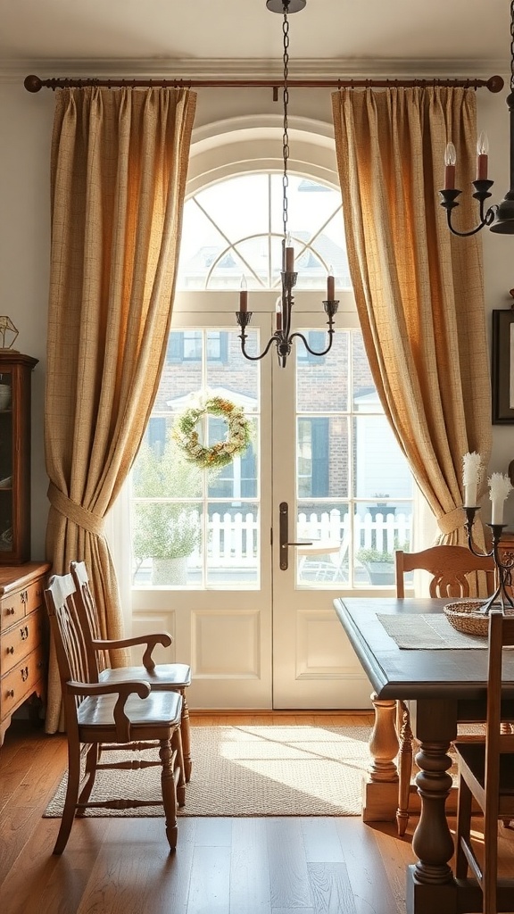 A dining room with rustic farmhouse style curtains, wooden furniture, and natural light.